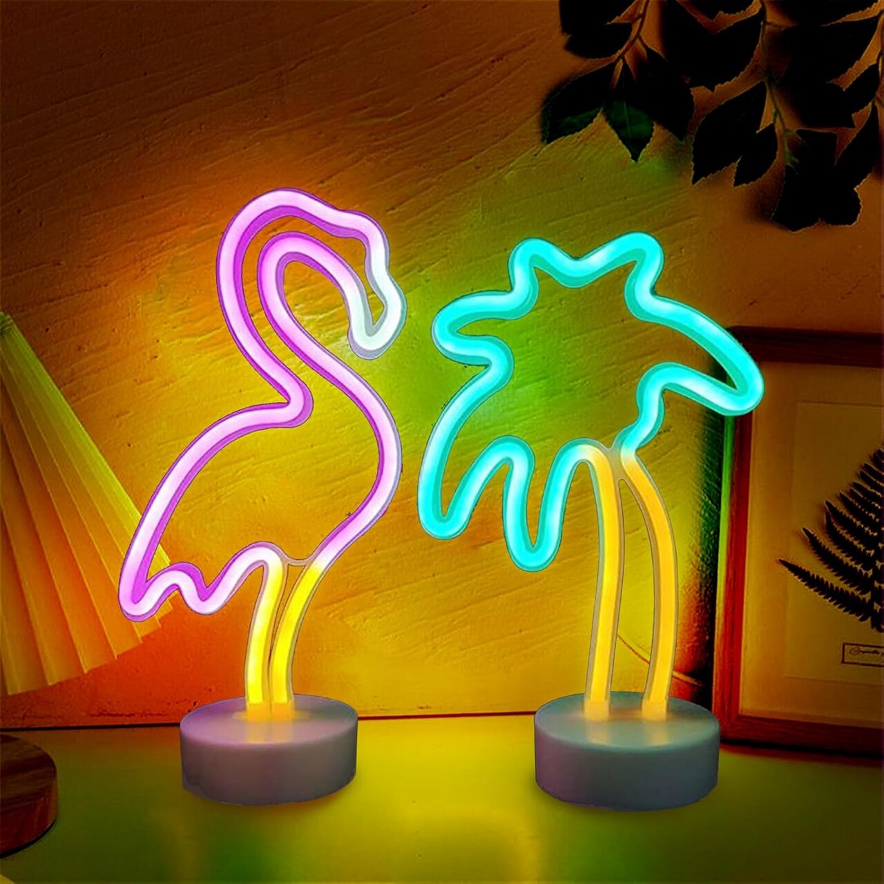 Summer 2-Pack Neon Signs – Pink Flamingo & Neon Palm Tree LED Lights, USB or Battery Powered, Energy Efficient Decor for Bedroom, Party, Office, and Dining Tables